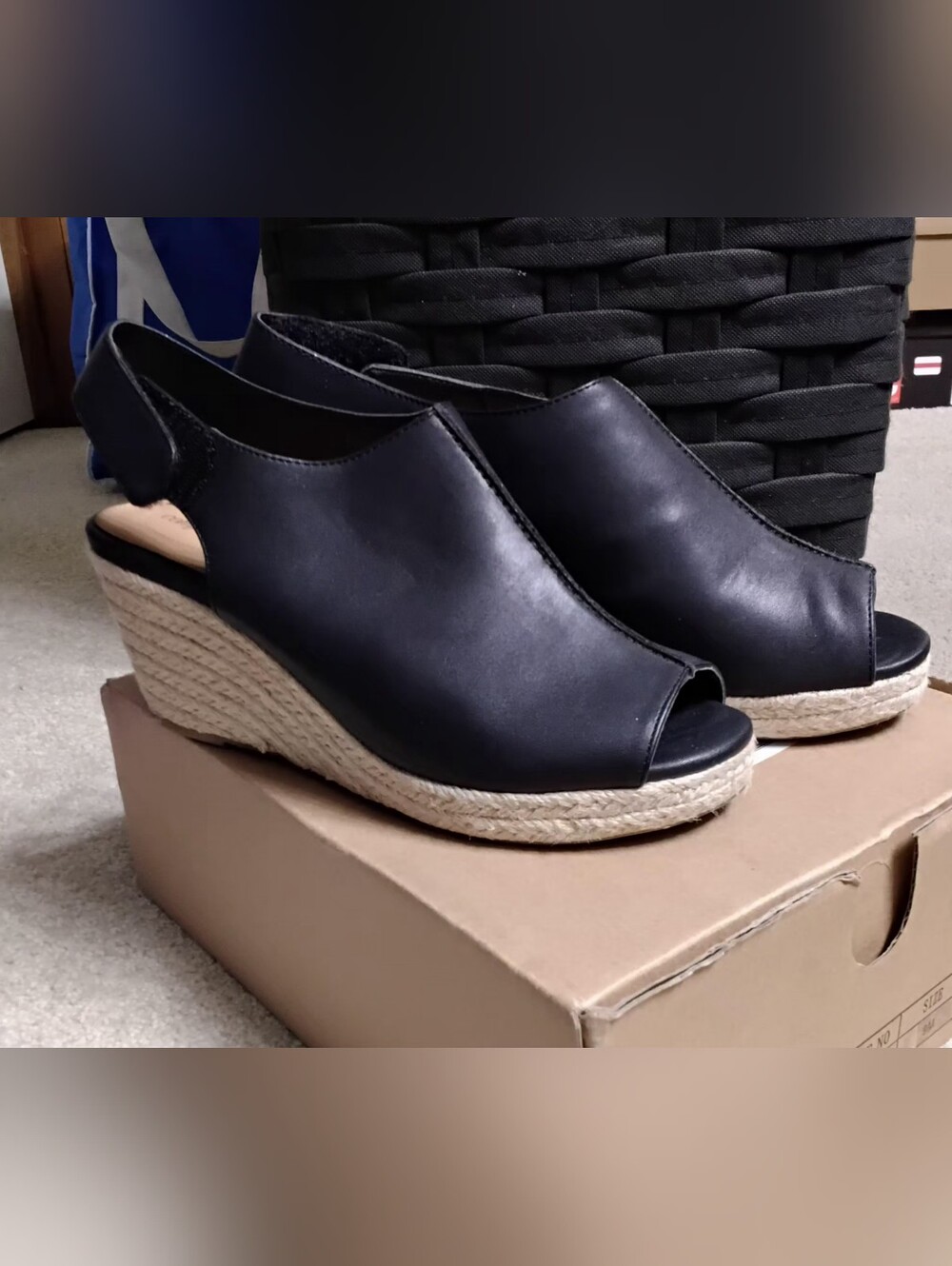 ComfortView Peep-Toe Espadrille Wedge Sandal, Black, Size 9